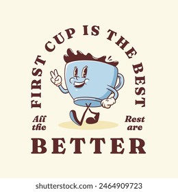 Carácter retro de la taza de café groovy. Taza de papel de comida de dibujos animados caminando y sonriendo. Vector Comida Rápida Bebida Mascota Plantilla. Feliz Antiguas Ilustración genial. Aislado