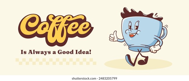 Groovy Coffee Mug Retro Character Banner. Cartoon Food Cup Walking and Smiling. Vector Fast Food Beverage Mascot Template. Happy Vintage Cool Illustration. Isolated