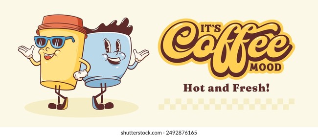 Groovy Coffee Mug Retro Character Banner. Cartoon Food Paper Cup Standing and Smiling. Vector Fast Food Drink Beverage Mascot Template. Happy Vintage Cool Illustration. Isolated