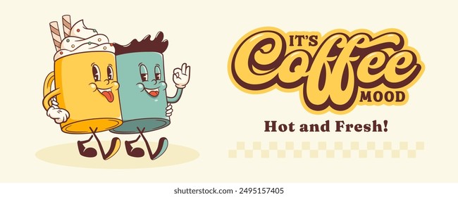 Groovy Coffee Mug Retro Character Banner. Cartoon Food Cream Cup Standing and Smiling. Vector Fast Food Drink Beverage Mascot Template. Happy Vintage Cool Illustration. Isolated