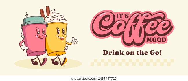 Groovy Coffee Mug Retro Character Banner. Cartoon Food Cream Cup Standing and Smiling. Vector Fast Food Drink Beverage Mascot Template. Happy Vintage Cool Illustration. Isolated