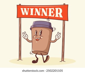 Groovy Coffee Paper Cup Retro Character. Cartoon Drink Mug Walking and Smiling under Winner Poster. Vector Fast Food Beverage Mascot Victory Template. Happy Vintage Cool Illustration. Isolated