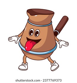 Groovy coffee pot character vector illustration. Cartoon isolated retro funny mascot of metal copper cezve with arms and legs walking, comic coffeepot to brew espresso coffee using Turkish method