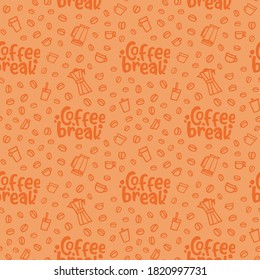 Groovy coffee seamless repeat pattern. Great for retro wallpaper, backgrounds, invitations, fabric, packaging design projects. Surface pattern design.