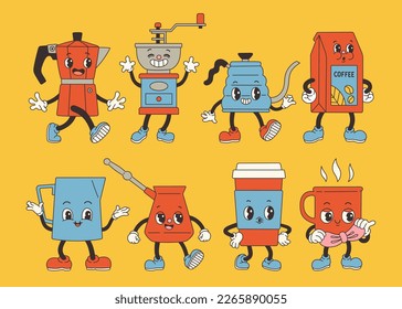 Groovy coffee set character old classic cartoon style. Retro Mascot Vintage Coffee Character Illustration