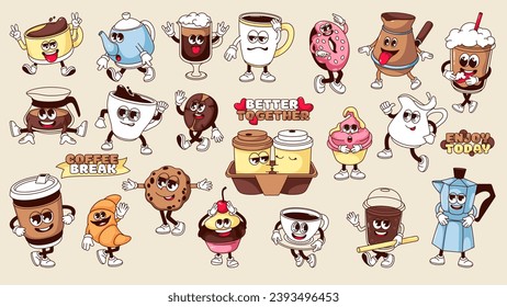 Groovy coffee stickers set vector illustration. Cartoon isolated retro happy cup with morning drink and pot, funny donut and cupcake characters, funky bean and text with balloon font for coffee break