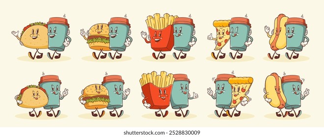 Groovy Coffee and Street Food Snacks Retro Characters Set Cartoon Burger, Pizza, Taco, Fries, Hot Dog and Cup Smiling Vector Fast Food Mascot Templates Happy Vintage Illustrations Collection Isolated