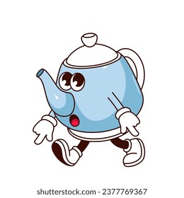 Groovy coffee or teapot character vector illustration. Cartoon isolated retro funky kitchenware sticker, quirky balloon kettle mascot with arms and legs walking to coffee break, tea party time