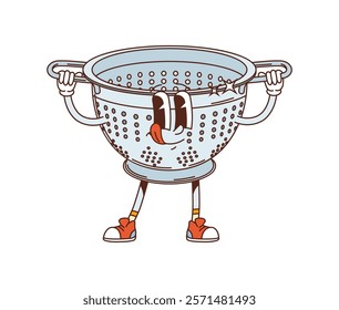 Groovy colander or kitchenware utensil retro cartoon character, vector funky comic. Funny groovy colander or strainer sieve with funky tongue out smile for kitchen utensil and kitchenware character