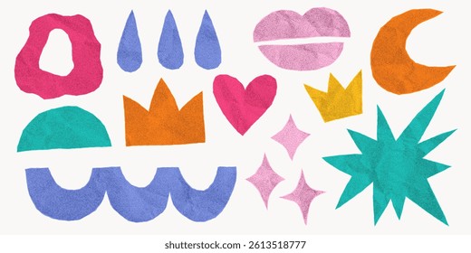 Groovy collection of abstract paper elements with jagged torn edges. Cartoon stickers in pastel colors including stars, lips, crown, heart and squiggles on crumpled paper, collage.