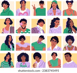 Groovy collection of diverse men and women portraits. Multiethnic male and female characters. Big avatar set.