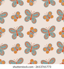Groovy Colorful Butterflies Seamless Pattern Retro Psychedelic 70s Vector Design. Textured illustrations background.