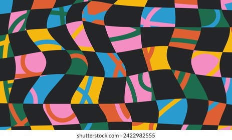 Groovy colorful checkered pattern. Abstract twisted chessboard retro vector background. Vintage trippy design in 70s-80s hippie style. Psychedelic flow grid