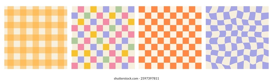 Groovy  colorful checkered pattern set. Distorted checker, retro posters in 1970s style. Abstract background for print, Tshirt, textile. Vector