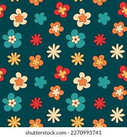 Groovy colorful floral seamless pattern. Retro hippie flowers vector digital paper