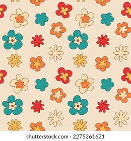 Groovy colorful floral seamless pattern. Retro hippie flowers vector digital paper