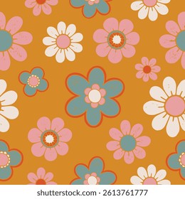 Groovy Colorful Flowers Seamless Pattern Retro Psychedelic 70s Vector Design. Textured illustrations background.