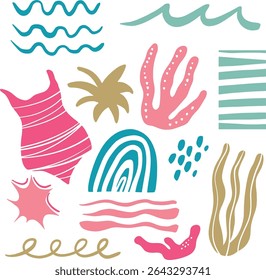 Groovy colourful beach doodles, hand drawn summer vectors.