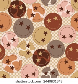 Groovy colourful cow spotted smiling faces with star shape eyes on checkerboard vector seamless pattern. Hand drawn retro howdy wild west aesthetic background.