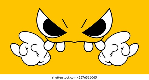 Groovy comic face illustration. Cute retro cartoon character with angry face. Vector illustration.