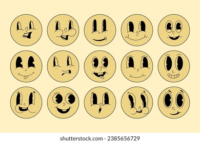 Groovy comic faces. Retro Cartoon Emoji Set. Collection of cartoon character faces, in different emotions, happy, angry, sad, cheerful.