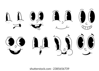 Groovy comic faces. Retro Cartoon Emoji Set. Collection of cartoon character faces, in different emotions, happy, angry, sad, cheerful.