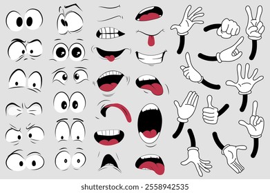 Groovy comic faces set elements in flat graphic design. Collection of different feeling expressions of funny eyes, mouths and hands, showing good or bad emotions in 70s style. Vector illustration.