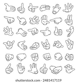 Groovy comic hand vector set. Collection of cartoon character gloves, various gestures and signs.