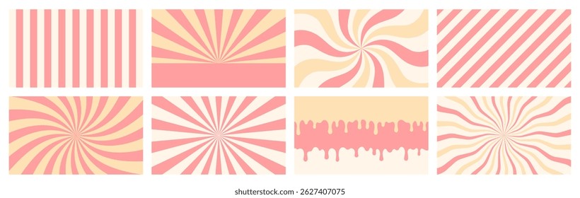 Groovy comic ice cream background in retro style, postcard with hand drawn drops of chocolate, glaze, topping, vanilla, strawberry, rays radiating from the center. Flat abstract texture. EPS10