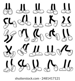 Groovy comic legs vector set. Collection of cartoon character legs, various activities and poses. Standing, walking, sitting, running, jumping, front, side and back view.