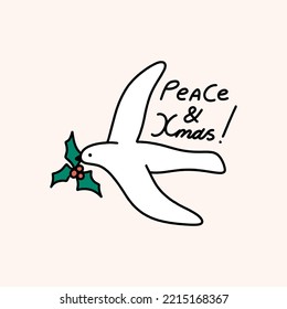 Groovy Comic Peace und Xmas Text, bunter weißer Taubenvogel einzeln auf Farbhintergrund. Doodle Boho Weihnachts-und Neujahr-Cartoon-Doodle-Charakter, Urlaubskarte, Aufkleber, Farbdekor Element