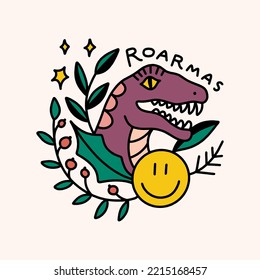 Groovy comic Xmas colorful dinosaur tyrannosaurus isolated on color background. Holly Jolly text. Doodle boho Christmas and New Year cartoon doodle dino character, holiday card, sticker, coloring