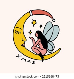 Groovy comic Xmas colorful Moon and fairy couple isolated on color background. Holly Jolly text. Doodle boho Christmas and New Year cartoon doodle characters, holiday card, sticker, coloring decor