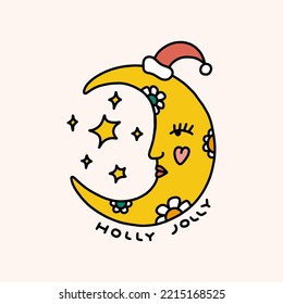 Groovy comic Xmas colorful Moon Santa character isolated on color background. Holly Jolly text. Doodle boho Christmas and New Year cartoon doodle baby, holiday card, sticker, coloring decor element