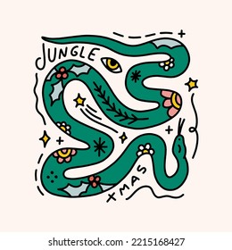 Groovy comic Xmas divertido serpiente animal salvaje aislado en el fondo de color. Doodle boho Navidad y Año Nuevo caricatura personaje doodle, tarjeta de vacaciones, pegatina, elemento de decoración de color. Vector clipart