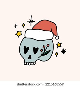 Groovy comic Xmas Santa skull skeleton head red hat isolated on color background. Doodle boho Christmas and New Year cartoon doodle character, holiday card, sticker, coloring decor element. Vector