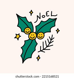 Groovy comic Xmas wild holly plant smiley berries isolated on color background. Doodle boho Christmas and New Year cartoon doodle character, holiday card, sticker, coloring decor element. Vector