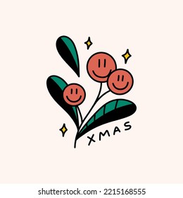 Groovy comic Xmas wild red smiley berries isolated on color background. Doodle boho Christmas and New Year cartoon doodle character, holiday card, sticker, coloring decor element. Vector clipart