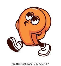 Groovy Komma Cartoon Charakter gehen und pfeifen. Lustiges retro orange mathematisches Symbol oder Satzzeichen von Bubble Font, Komma Maskottchen, Cartoon Bildung Aufkleber der 70er 80er Jahre Stil Vektor-Illustration