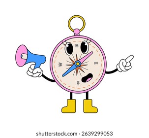 Groovy compass character. Retro navigation mascot. Vector travel illustration isolated.