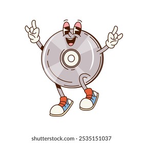 Groovy computer CD rom or compact disk character from retro PC, vector cartoon comic. Groovy funky CD from PC ROM or computer compact disc with happy smile and silly laughing for cartoon character