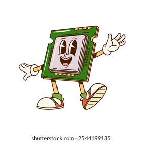 Groovy personaje de chip de computadora con cara divertida, Vector funky cómic de dibujos animados retro. Chipset de computadora extravagante con sonrisa feliz o risa con vibraciones positivas para el personaje de dibujos animados de hardware digital