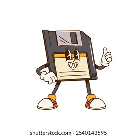 Personaje de disquete de disquete de computadora groovy de PC retro, cómic de dibujos animados de Vector. Groovy disco de disquete viejo funky o disquete de ordenador de escritorio con sonrisa feliz y pulgar para el personaje de dibujos animados