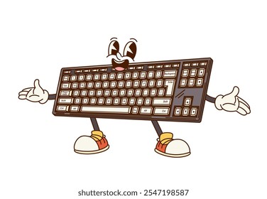 Groovy computer keyboard character in retro cartoon, vector comic personage. Groovy funny old keyboard from PC computer with happy smile and silly laughing face for funky cartoon retro character