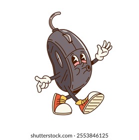 Groovy computer mouse character in retro cartoon, vector comic personage. Groovy funky computer mouse with funny face walking and whistling or singing melody for digital hardware cartoon character