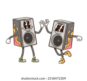 Groovy altavoces musicales de computadora como personajes de dibujos animados retro, Vector funky cómic. Groovy freaky PC ordenador o altavoces de música portátil con sonrisa feliz y caras divertidas bailando con Hi Five gestos