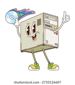 Groovy Computer PC Cartoon Charakter mit lustigem Gesicht und funky Lächeln, Vektorcomic. Groovy alten Retro-Desktop-PC-Computer mit CD-Disc und Daumen-nach-oben-Geste für Y2K digitales Gerät Cartoon-Zeichen