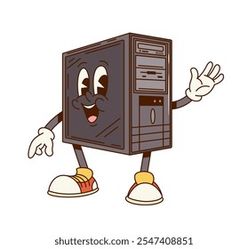 Carácter groovy de la unidad del sistema informático o PC de dibujos animados retro con cara divertida, cómic de Vector. Groovy funky viejo ordenador de escritorio con sonrisa feliz saludando Hola para el personaje de dibujos animados de hardware digital