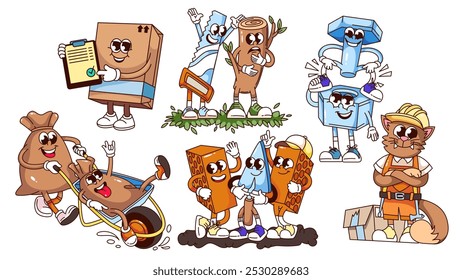 Groovy construction workers and tools cartoon characters set. Funny retro sack and cat builder, bricks and trowel, bolt and nut. Construction mascots, cartoon stickers of 70s 80s vector illustration