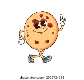 Personagem de padaria de biscoito Groovy. Personagem de pastelaria de desenhos animados com expressão animada inteligente e tênis retro alegremente passeando com o dedo apontando para cima. Biscoito redondo vetor isolado com batatas fritas de chocolate